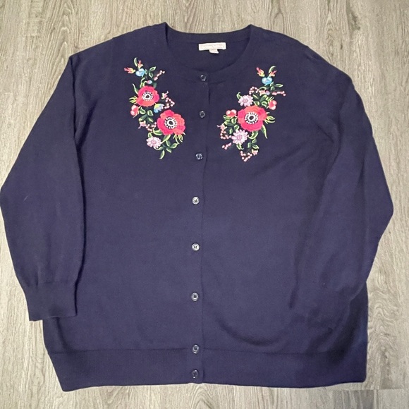 Vintage Embroidered Cardigan Sweater Sz 18 Navy Floral Button Down Cottagecore - Picture 6 of 10